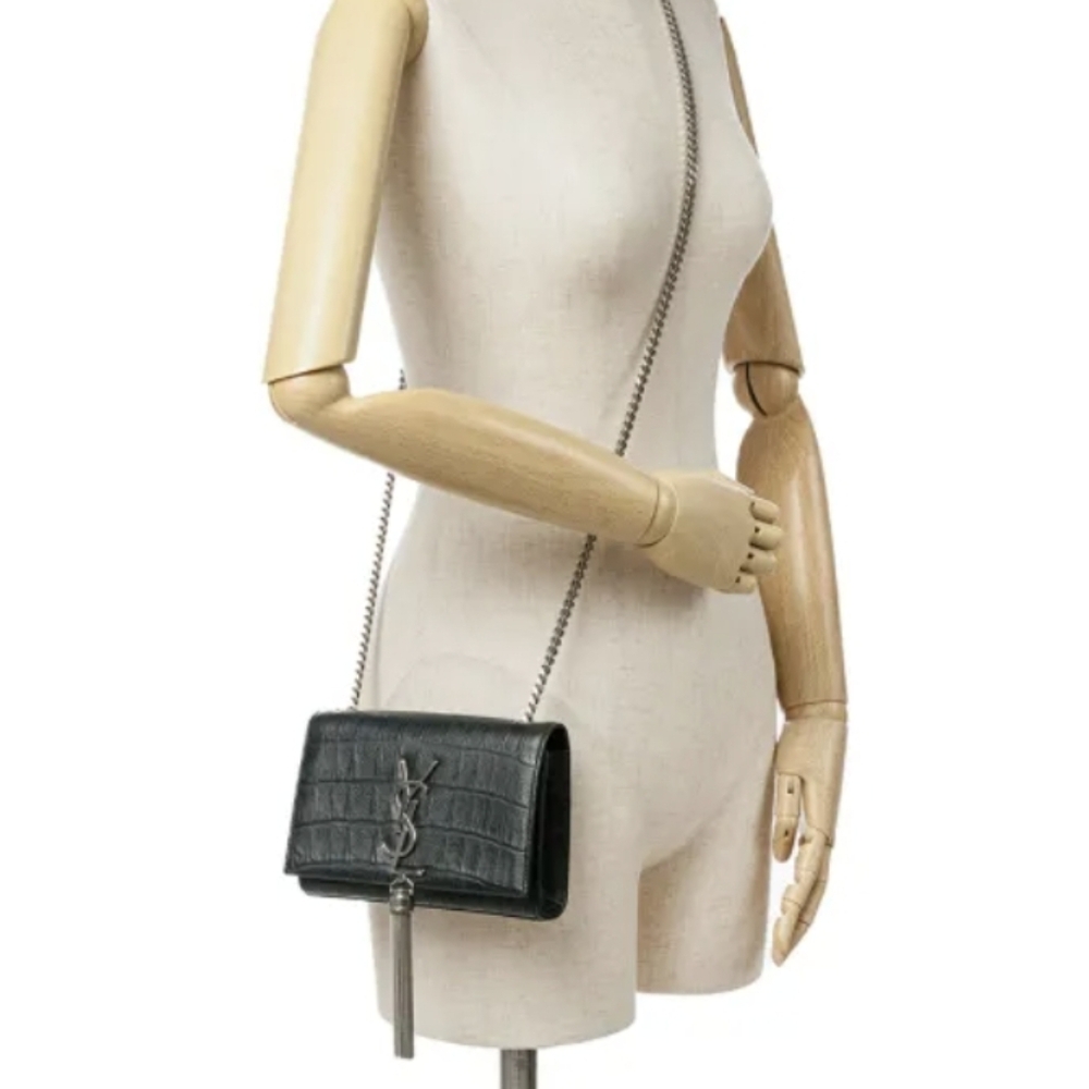 Saint Laurent Black Croc Embossed Crossbody Bag . Pre Onwed . Authentic